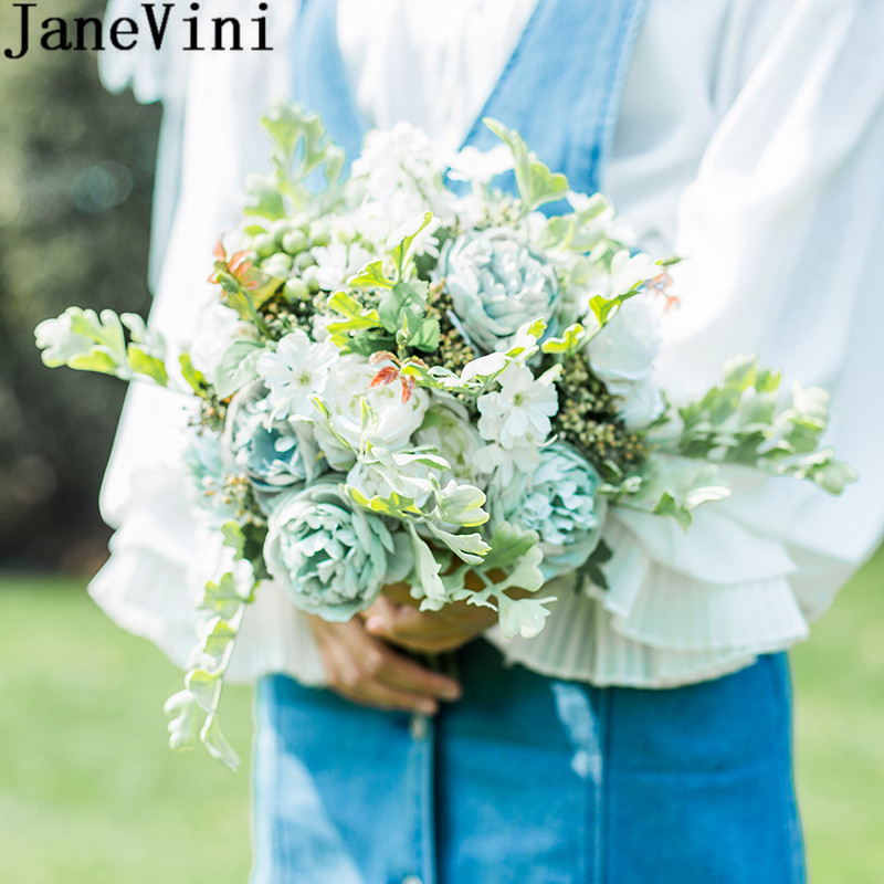 JaneVini Seide Brautjungfer Bouquets Künstliche Pfingstrose Rose Trouw Boeket Kleine Größe Braut Hochzeit Bouquet Griff Braut Blumen