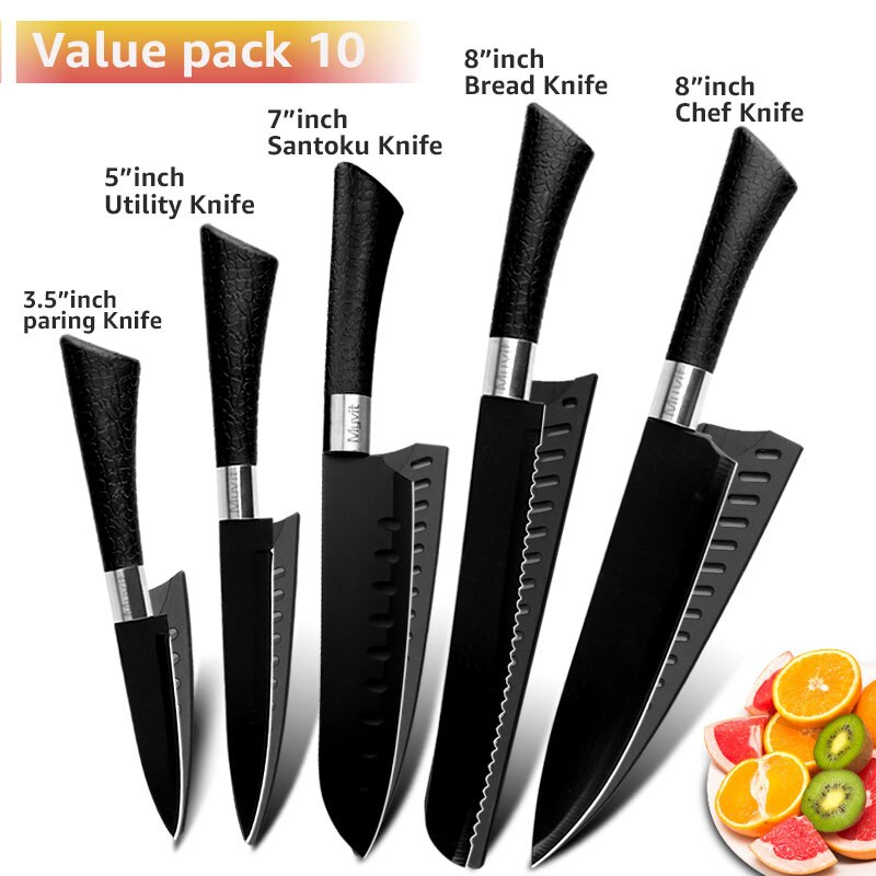 Chef Knives Set Stainless Steel Paring Utility Santoku Chef Slicing Bread Knives Black Blade Kitchen Accessories Set Tools: set 14