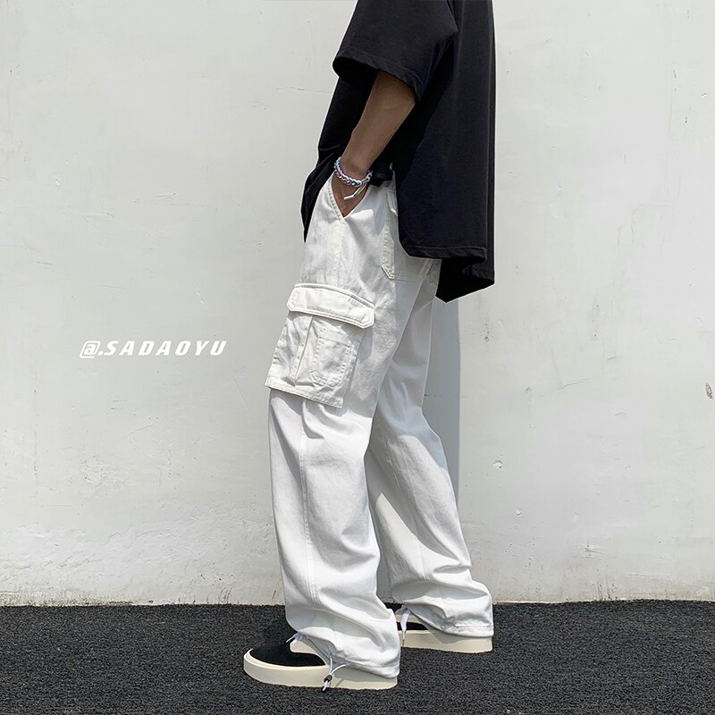 Black/white Casual Pants Men&#39;s Loose Straight Wide Leg Pants Men Streetwear Hip-hop Pocket Cargo Pants Mens Trousers