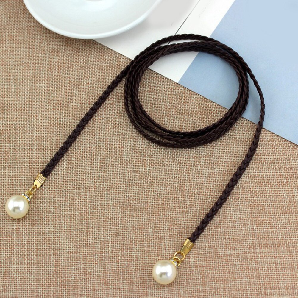 Thin Braid Women Belt Woven Tassel Pearl Waist Strap Boho Girls Waistband Waist Rope Waist Belts For Dress Accessories: Coffee