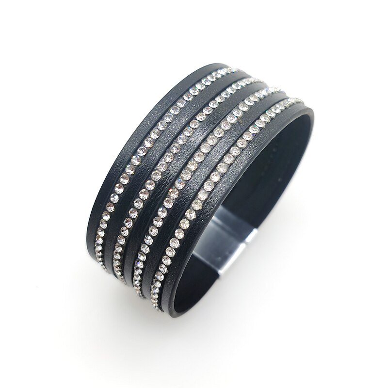 Totabc Black Crystal Lederen Armbanden Voor Vrouwen Strips Boho Multilayer Wide Wrap Armband Sieraden