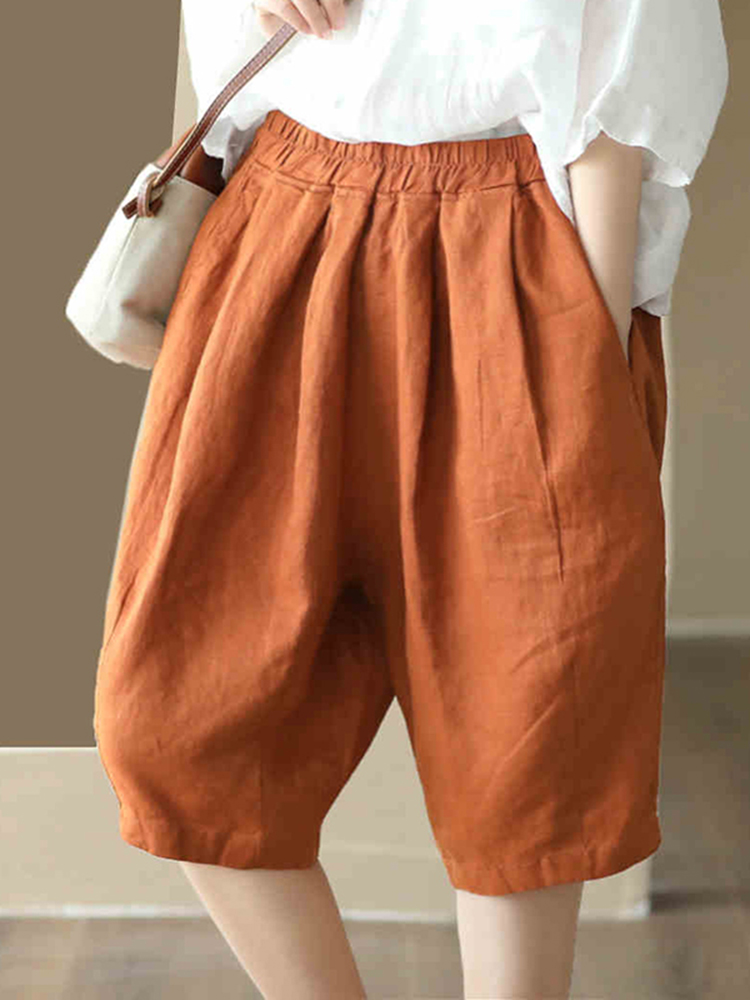 Zanzea sommar koreanska pantalons dam korta byxor elastisk midja veckade shorts avslappnade lösa bomullsbyxor: M / Orange