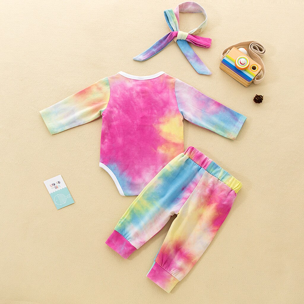 Pasgeboren Baby Tie Dye Nachtkleding Meisjes Jongens Lange Mouw Regenboog Tie-Geverfd Romper + Broek + Hoofdband Pyjama Nachtkleding outfits Pijamas