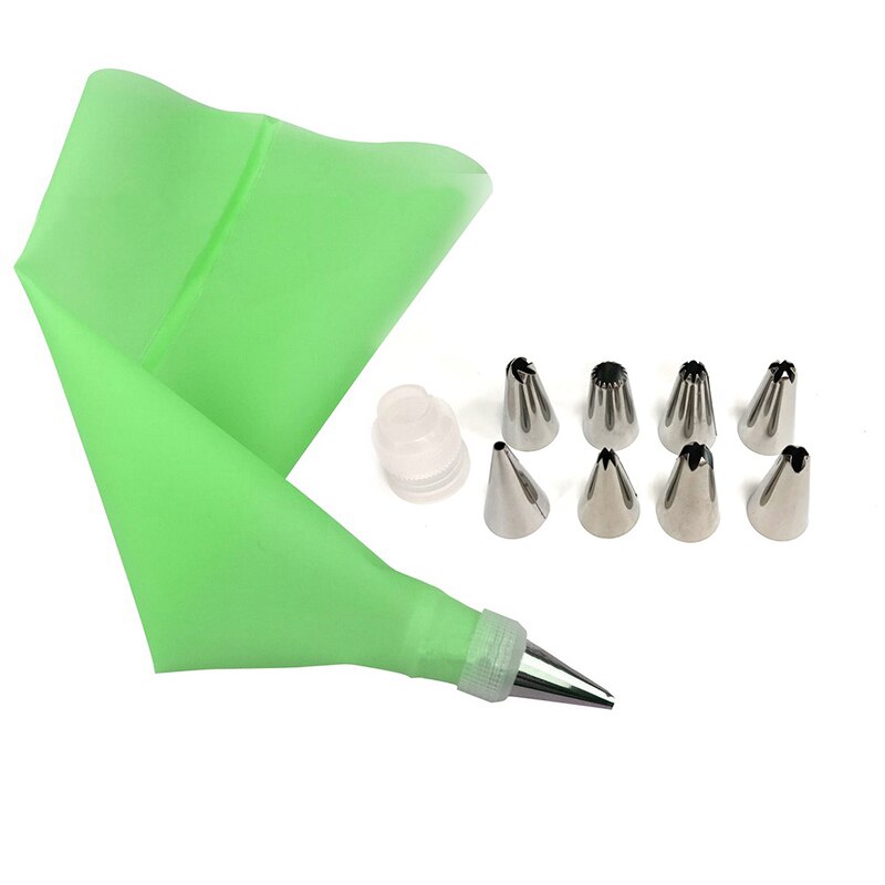 16 stuks siliconen glazuur spuitzak, 14 stuks roestvrijstalen spuitmondjes, doe-het-zelf taartdecoratietips, keukenaccessoires: 10 stuks groen