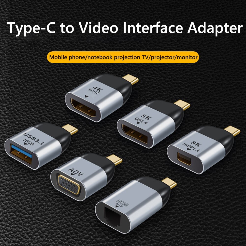 Adaptador macho a hembra, convertidor de enchufe de proyección 4K/8k 60Hz, tipo C a USB 3,1/compatible con HDMI/DP/VGA/Mini DP/RJ45