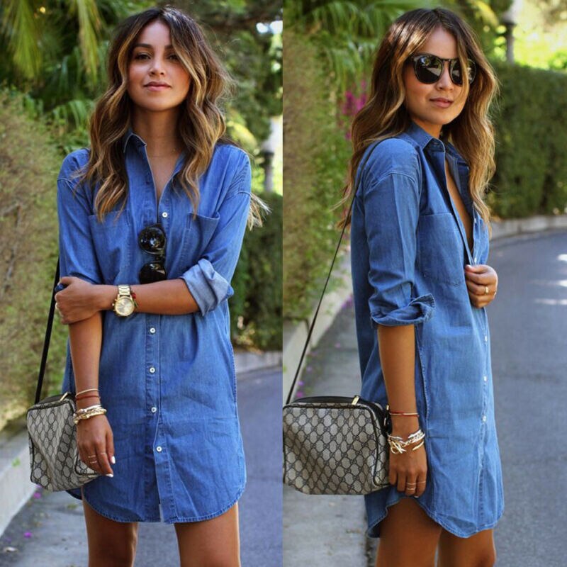 Women Denim Jeans Dress Button Summer Long Sleeve Casual Tops Mini Shirt Dress Bikini Cover Up Beachwear