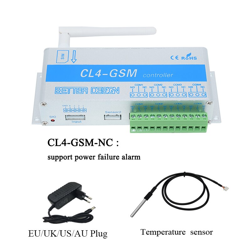 Télécommande GSM SMS 4 canaux, commutateur relais CL4-GSM, prise en charge de la température et de l&#39;humidité, alarme: NC with T sensor