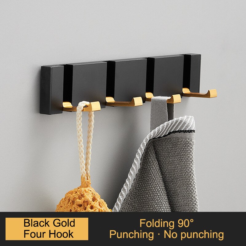 Porte-serviettes pliant Non marquant, sans poinçon, crochets muraux, porte-vêtements, pour salle de bains, cuisine, chambre à coucher, couloir: Black Gold 4 Hook 90