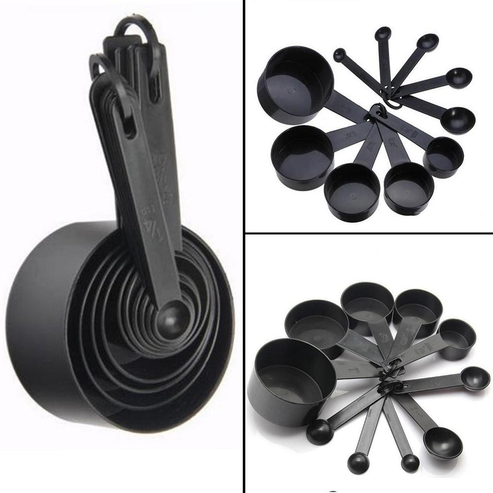 10 Uds. Cucharas de plástico negro para medir de cocina, cucharada de azúcar para café, tartas, hornear, harina, tazas medidoras, utensilios de cocina