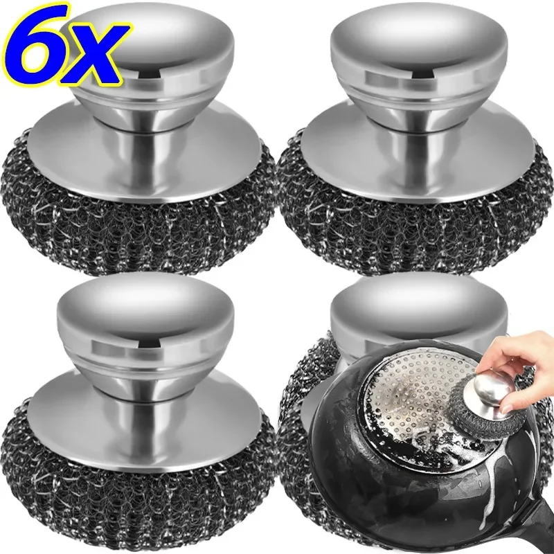 Cepillo para ollas de cocina de acero inoxidable, herramientas de limpieza de bolas de alambre con mango ergonómico, accesorios para lavar platos de cocina casera, 1/6 Uds.