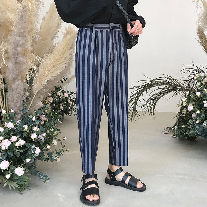 Koreanska randiga kostymbyxor herr slimmade business casual dress byxor herr samhället vilda lösa raka breda ben byxor herr