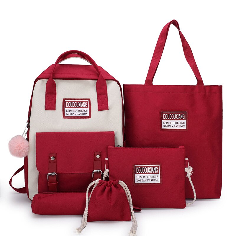 5 pièces/ensemble toile sacs d'école pour adolescentes couleur unie voyage sac à dos femmes Bookbags étudiant sac à dos sac à dos MD0158: Red