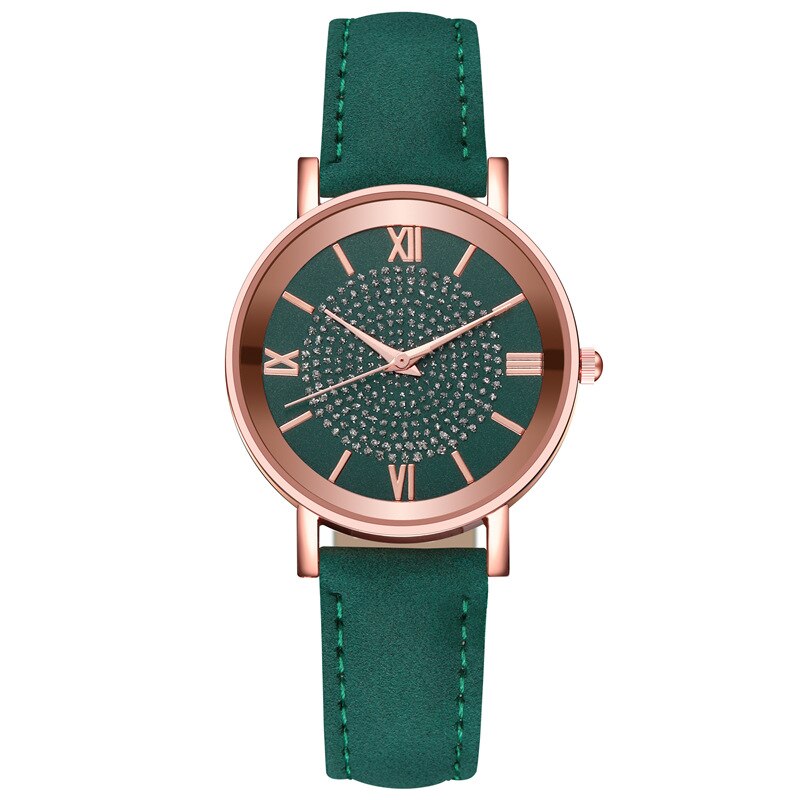 Style Starry Sky Dial Watches for Women Roman Scale Rhinestone Leather Ladies Quartz Watch Female Wrist Watch: Green
