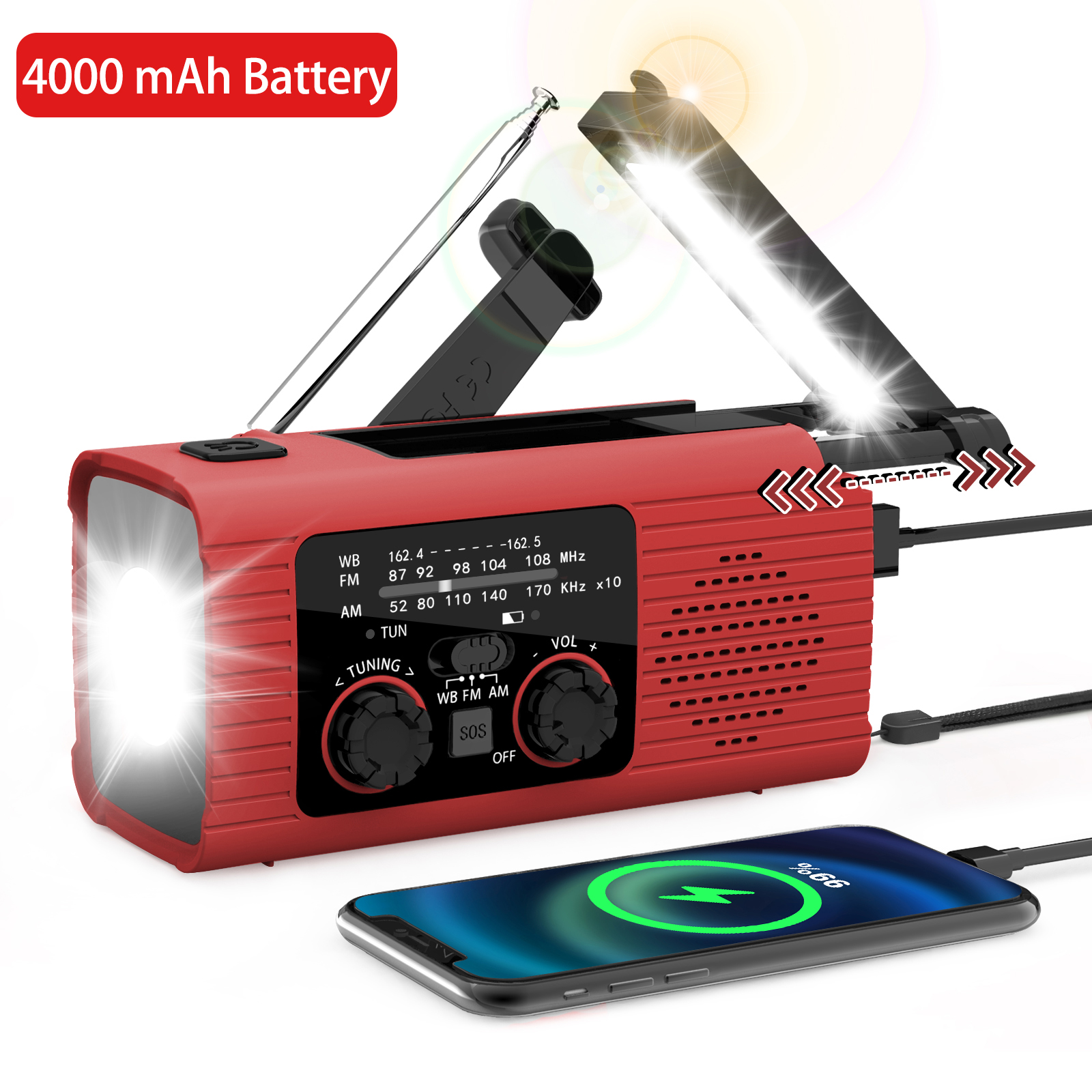 4000 mAh LED emergency light USB emergency light with light radio outdoor camping radio solar charging radio portable: black