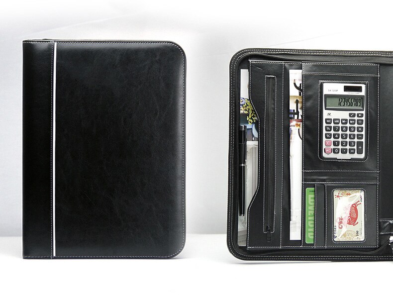 Multifunktionel personlig business lynlås padfolio mappe dokument taske organizer pu læder  a4 mappe mappe portefølje lommeregner: Sort a