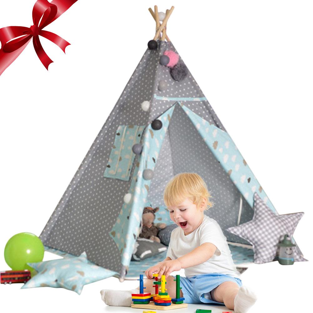 Leinwand Tipi Zelt freundlicher Tipi Tipi mit Grau Pom Poms Indische Spielen Zelt Haus freundlicher Tipi T Pee Zelt KEINE matt: Blau