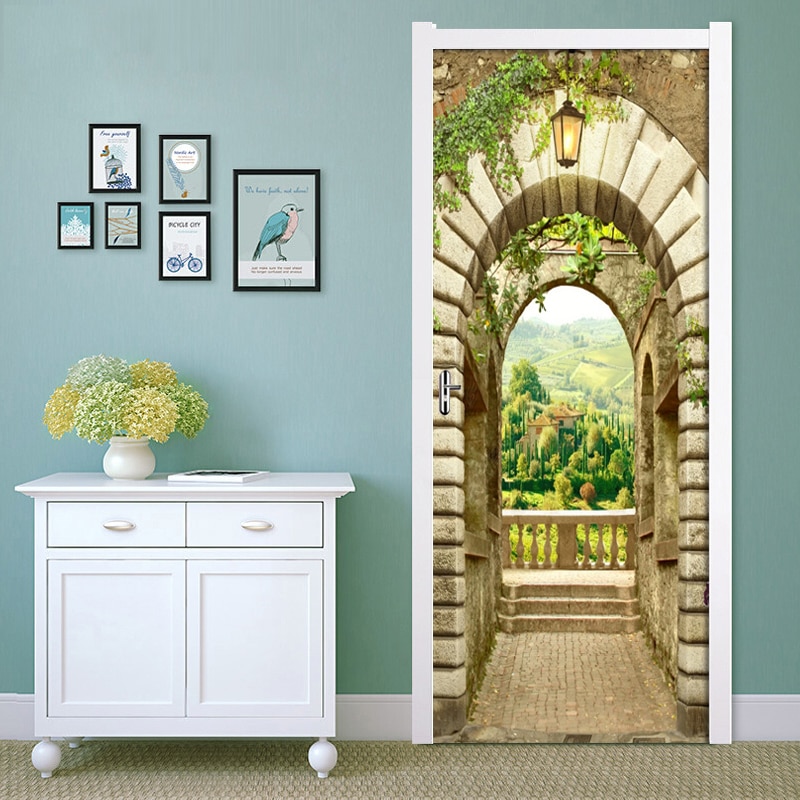 Mural adhesivo para puerta de 3d puertas con paisaje de ciudad y arco de piedra, autoadhesivo de pvc, impermeable, para sala de estar, 3d papeles pintados, calcomanías para puerta de casa, póster