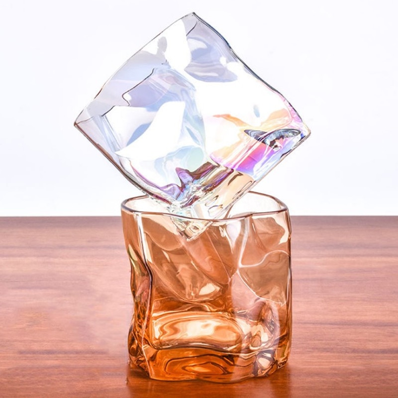 350ml uregelmessige blyfrie glass whiskyglass varmebestandige husholdnings fargerike gullkant glass kopp spritglass vinutstyr