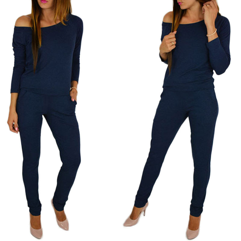 Spring Women Tracksuit Off Shoulder Jumpsuit Lady Female Woman Sportswear Sport Jumpsuit Fitness Training Exerceise Clothing Set: Navy blue / XL