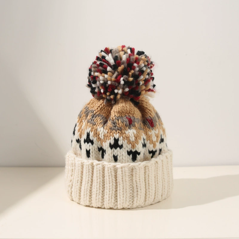 Gorro de invierno de Cachemira para mujer, gorros de otoño con pompón, gorros de lana cálidos, , gorros acrílicos, gorro de invierno para mujer: Beige