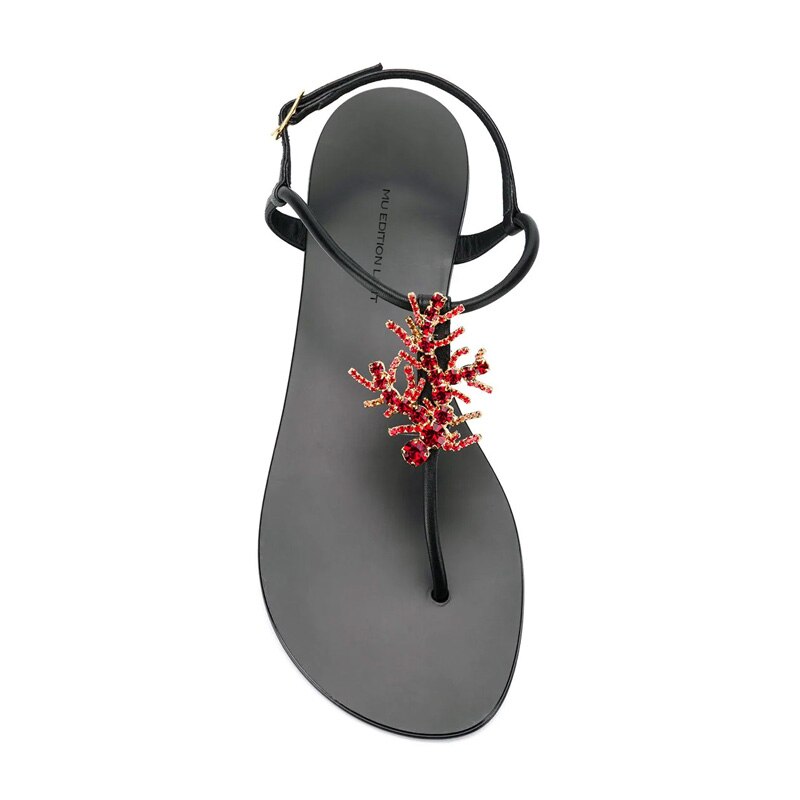 summer woman beach diamonds Red Coral flat sandal rhinestones Red Coral T strap flip-flop woman flat sandal INS Red Coral sandal