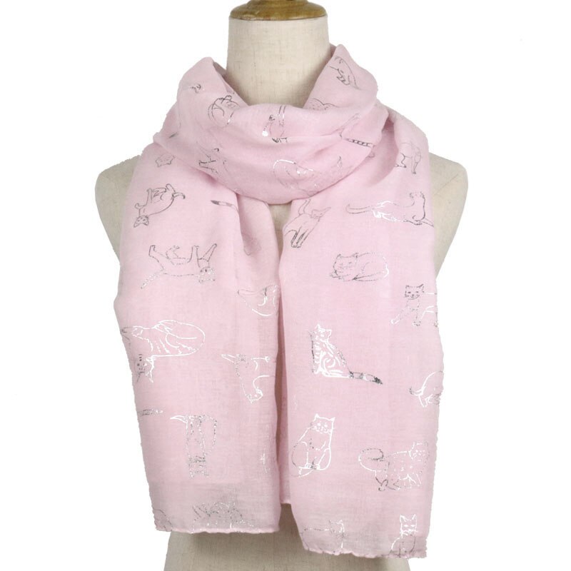 Winfox Ladies Cute Cat Foil Print Scarf Wrap shawl Travel Women Female Black Navy Scarf Autumn Winter Shawls hijab