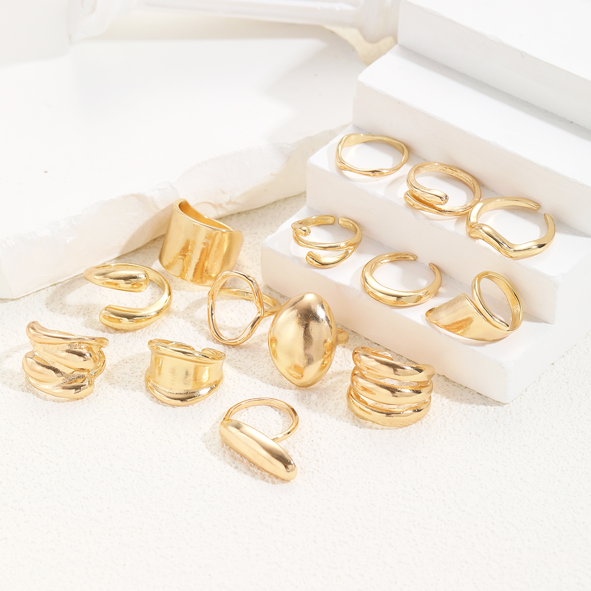 Conjunto de anéis lisos exagerados, 14 peças, moda feminina, simples, cor dourada, geométrica, assimétrica, rosto largo, joia casual, presente