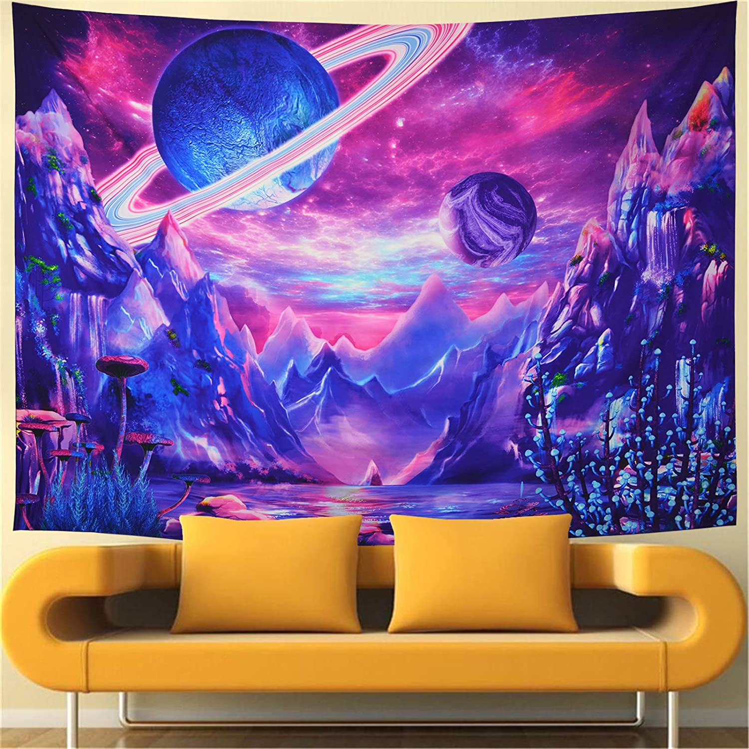 Planeet Tapestry Galaxy Ruimte Tapestry Trippy Mountain Muur Decor Tapestry Zwart Licht Wandtapijten Fantasy Plant Tapestry Tapiz