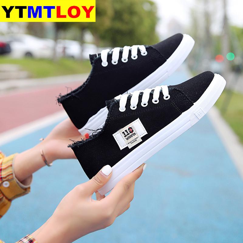 Canvas skor kvinna snörning vår/höst sneakers för tjejer denim solid blå/vita fritidsskor tennis