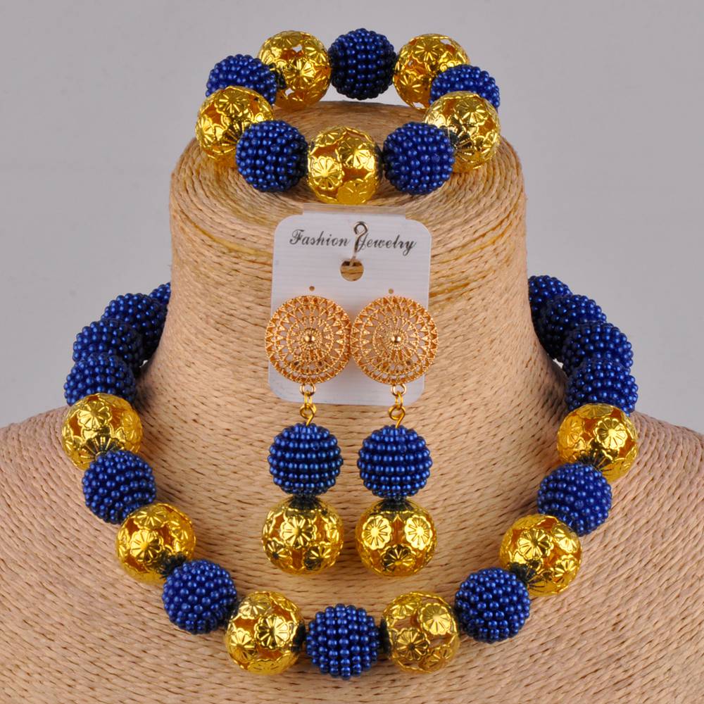 Klassieke nigeriaanse trouwsieraden, afrikaanse bruidsjurkaccessoires, perzikkleurige imitatieparelkettingset (az -77): Koningsblauw