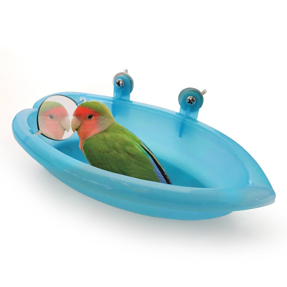 Fuglebadekar med spejl fuglebur, der hænger fugl madskål badekar til fugle kæledyrspapegøjer: Himmelblå med spejl