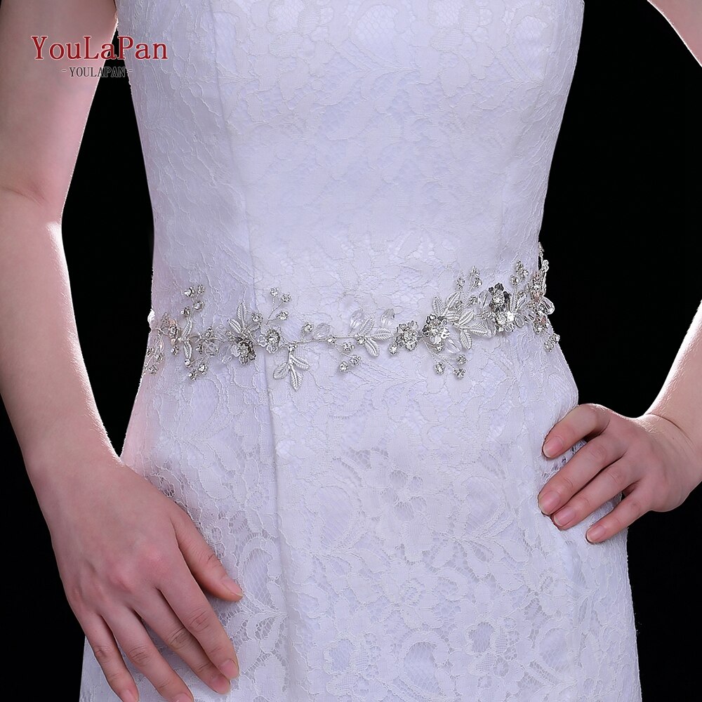 YouLaPan SH350 Wedding Dress Belt Bridal Rhinestone Sash with White Ribbon for Bridesmaid Crystal Party Gown Dress Belts