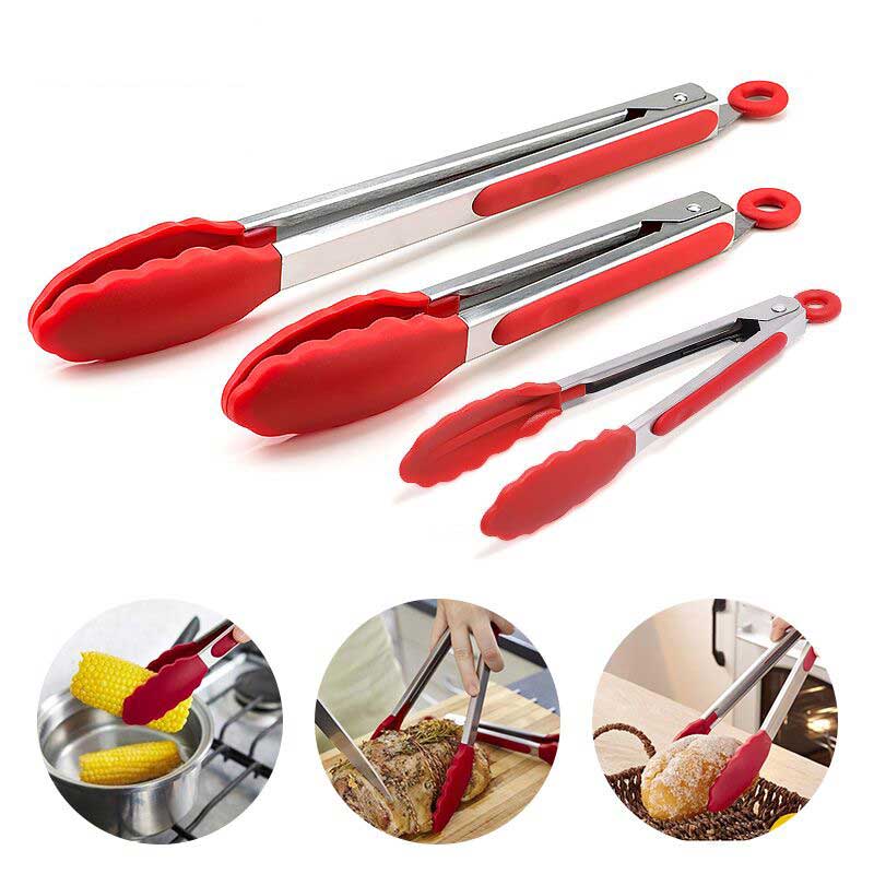 Silicone Voedsel Tong Rvs Keuken Tang Siliconen Antislip Koken Clip Clamp Bbq Salade Gereedschap Keuken Accessoires