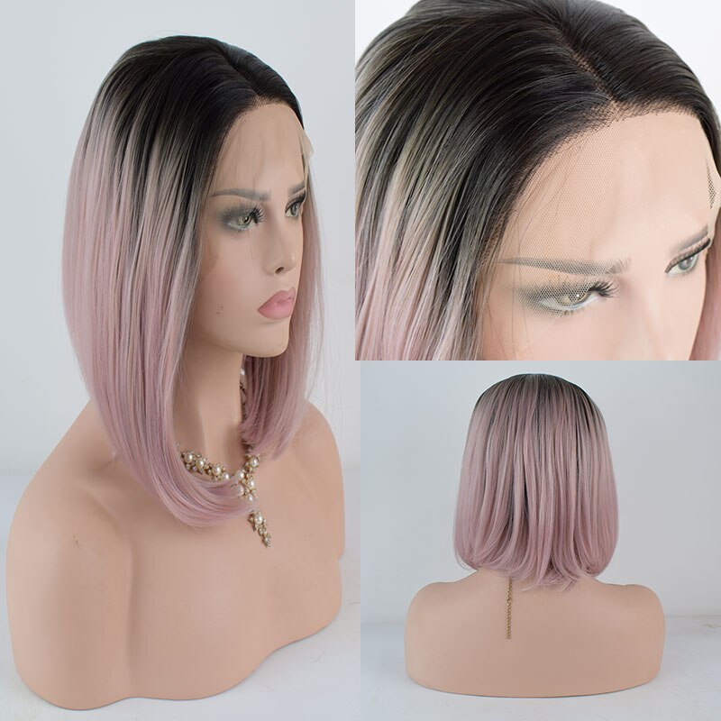 Bombshell Korte Rechte Bob Synthetisch Haar Lace Front Pruik Zwart Ombre Roze Hittebestendige Vezel Haar Middelste Deel Voor Vrouwen pruiken