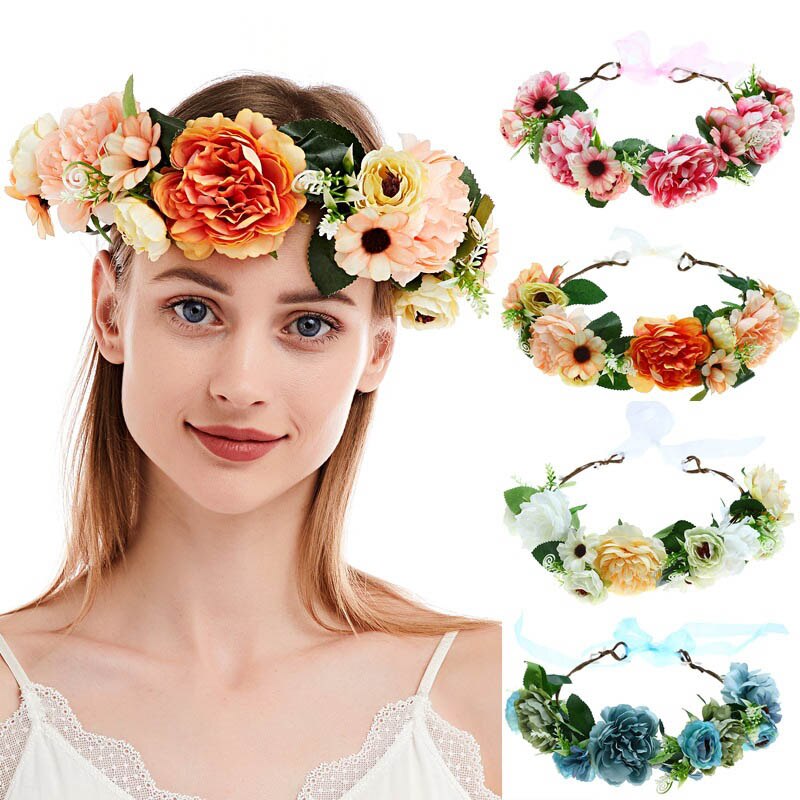 Lente Bohemian Bloem Kronen Strand Bloemen Guirlande Romantische Rose Bruiloft Kransen Haarband Hoofdband Bruid Haar Hoepel Accessoires