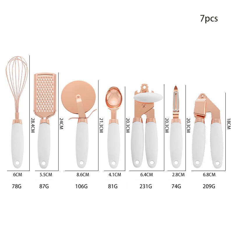 Kopparpläterad köksutrustning 7 -delars set exklusivt köksredskap matlagningstillbehör vitlökspress pizzaskärare skopa skalare ostrivjärn
