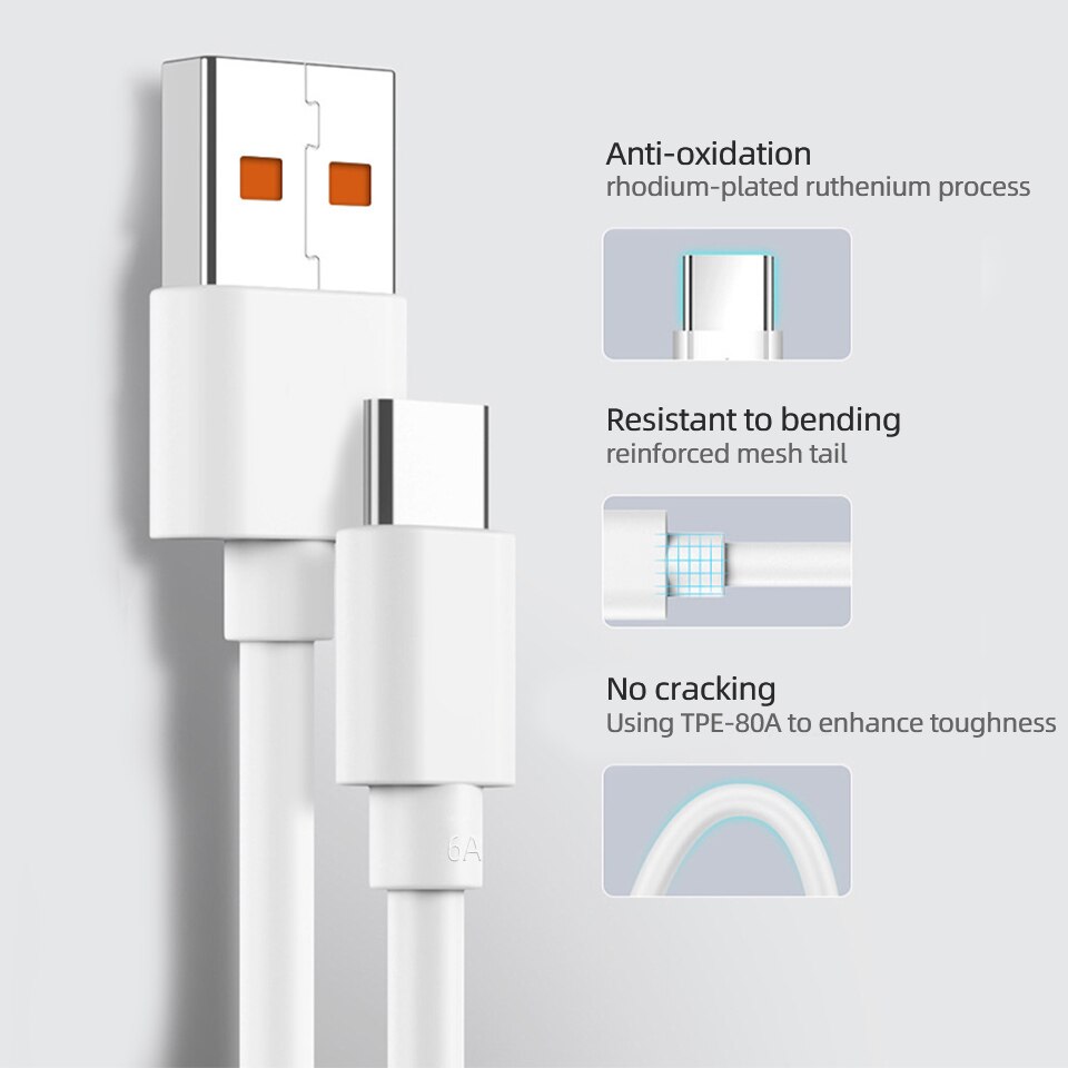 6A Usb Type-C Lader Is Geschikt Voor Xiaomi Redmi Huawei Samsung Ultra Snel Opladen Mate40 P40 Pro 66W Snelle Oplaadkabel