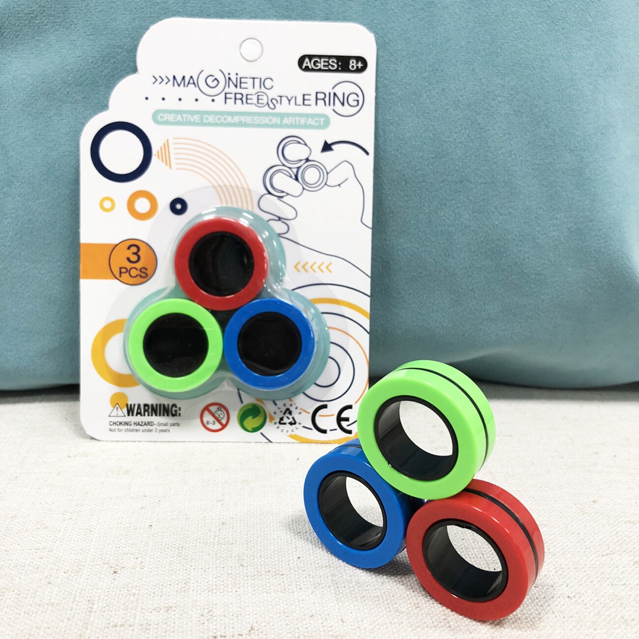 Anti-Stress Finger Magnetic Rings Kids Decompression Fingertip Toys Magic Ring Props Tool For Autism ADHD Anxiety Relief Focus: Green-blue-red