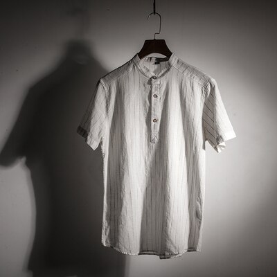 Camisa Algodón Lino Hombre - Rayas Verticales - Cuello Mao Manga Corta - Pulóver Casual: Blanco / Talla asiática xxxl