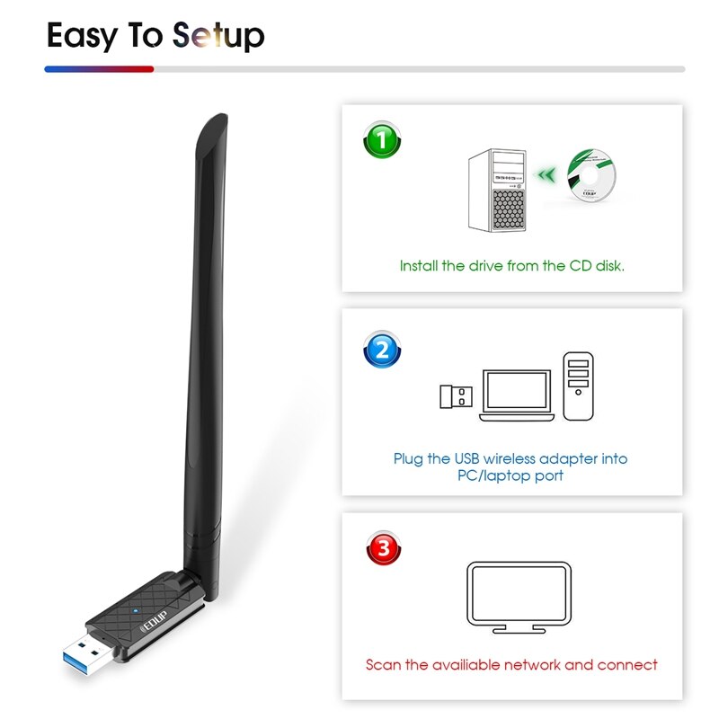 EDUP EP-1687 WIFI Adapter USB 3.0 AC 1300Mbps Dual-Band 2.4G/5Ghz Wireless Network Adapter for Notebook Computers, Desktop