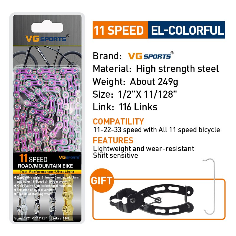 VG Sports Bicycle Chain 6 7 8 9 10 11 Speed 8s 9s 10s 11s Velocidade Titanium Rainbow Gold MTB Mountain Road Bike Chains Parts: plum