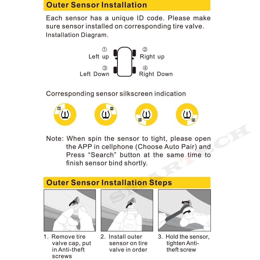 SMARTECH TPMS Bluetooth 4.0 universele externe bandenspanning sensor ondersteuning IOS Android telefoon, bandenspanning sensor Installeren