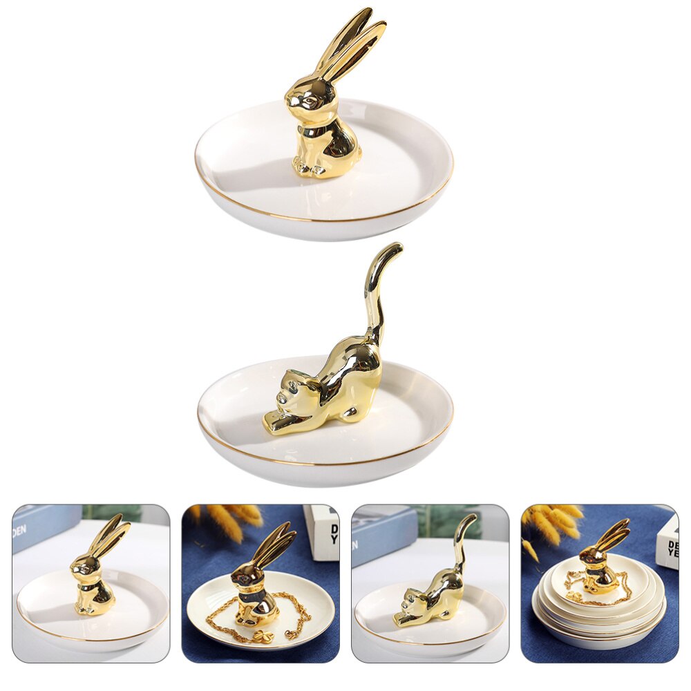 2pcs Ceramic Display Storage Plates Jewelry Storage Trays for Home (Golden)