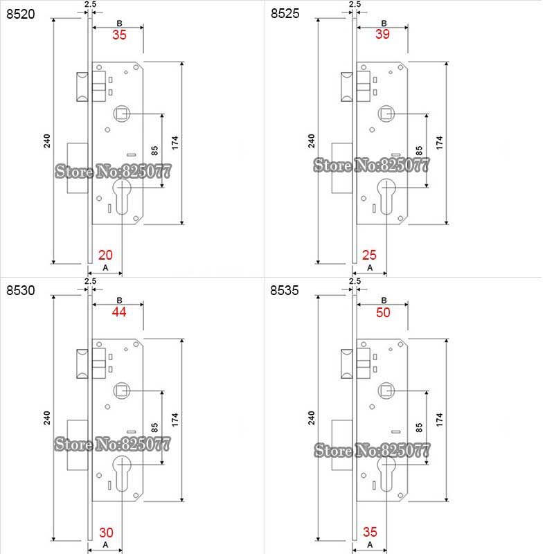 1PCS Brand European Style Narrow Mortise Lock Body Aluminum Door Lock 8520/8525/8530/8535 Lock Body KF195
