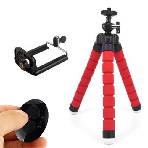 COOLJIER Flexible Sponge Octopus Mini Tripod With Bluetooth Remote Shutter For iPhone mini Camera Tripod Phone Holder clip stand: red with 2