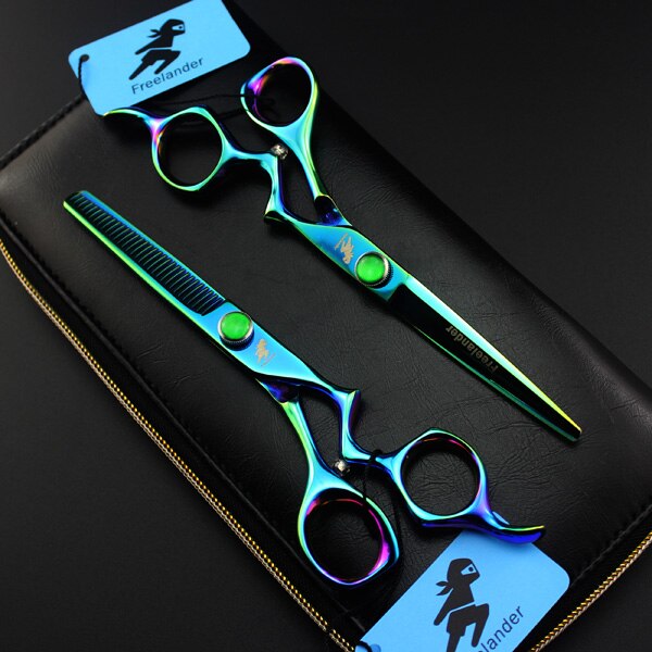 6" hair dressing scissors Green curved handle hairdressing barber thinning scissors hairdresser japanese hair cutting shears: set add bag
