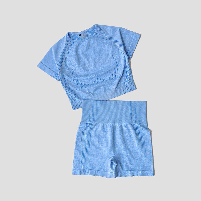 Conjunto de Yoga sin costuras para mujer, Top corto, camisa de manga corta, pantalones cortos de Fitness, ropa de entrenamiento para mujer, ropa de gimnasio, conjunto deportivo de Yoga: S / Azul