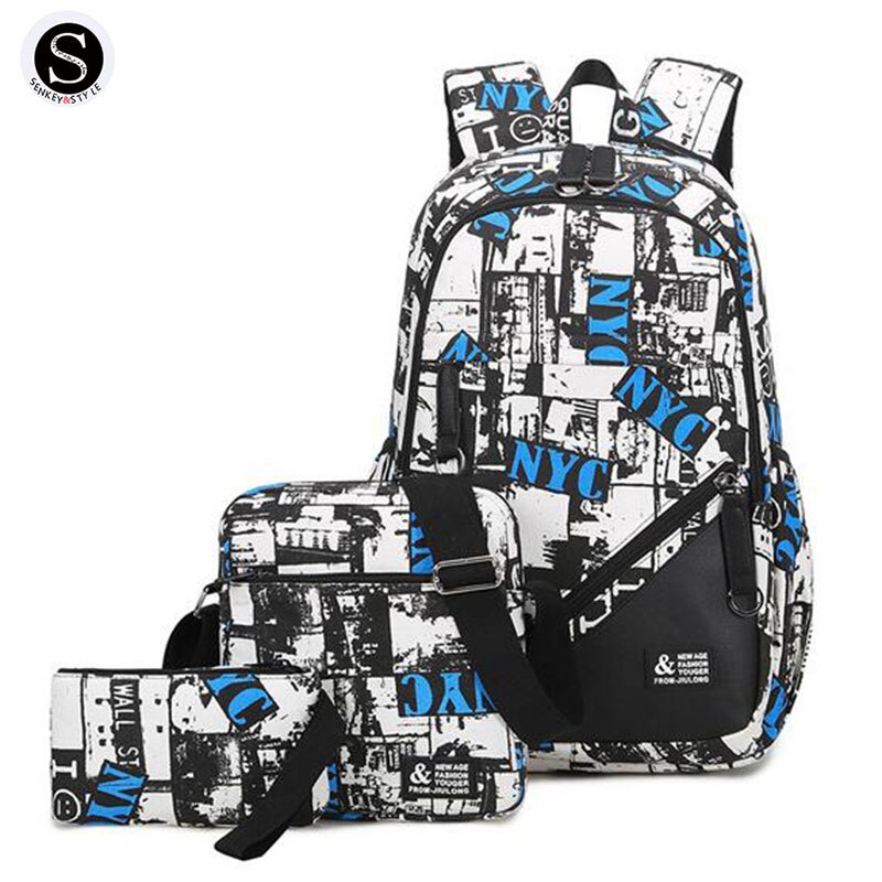 Mochila con estampado de grafiti de lona para hombre, mochilas escolares de marcas famosas, con costuras de letras de capacidad, ideal para viaje,: Default Title