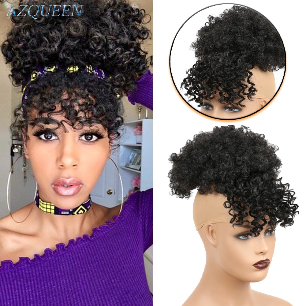 Afro High Puff Hair Bun Ponytail Drawstring With Bangs Synthetic Short Kinkys Curly Pineapple Pony Tail Clip in on Wrap Updo