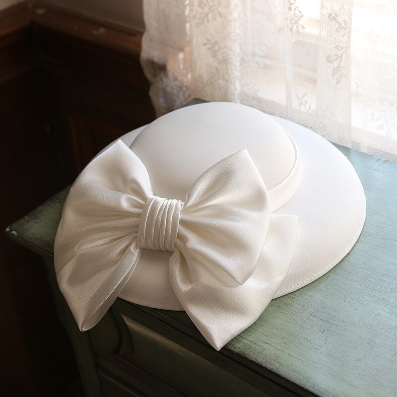 Chapeau à large bord pour femmes, style anglais, pour Banquet, fête de mariage, Vintage, , avec nœud papillon, dôme, collection automne et hiver: WHITE